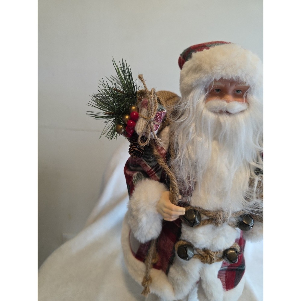 Vintage Santa Claus Figurine w/ Plaid Coat & Tree–Christmas Holiday Decor-17 in - Picture 3 of 11